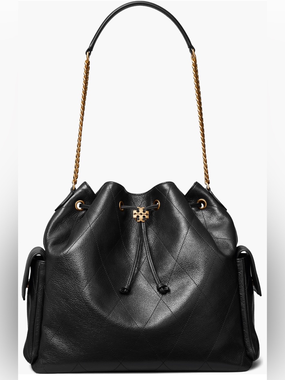 Tory Burch Large Charlie Black Leather Drawstring Shoulder Bag with Gold Chain